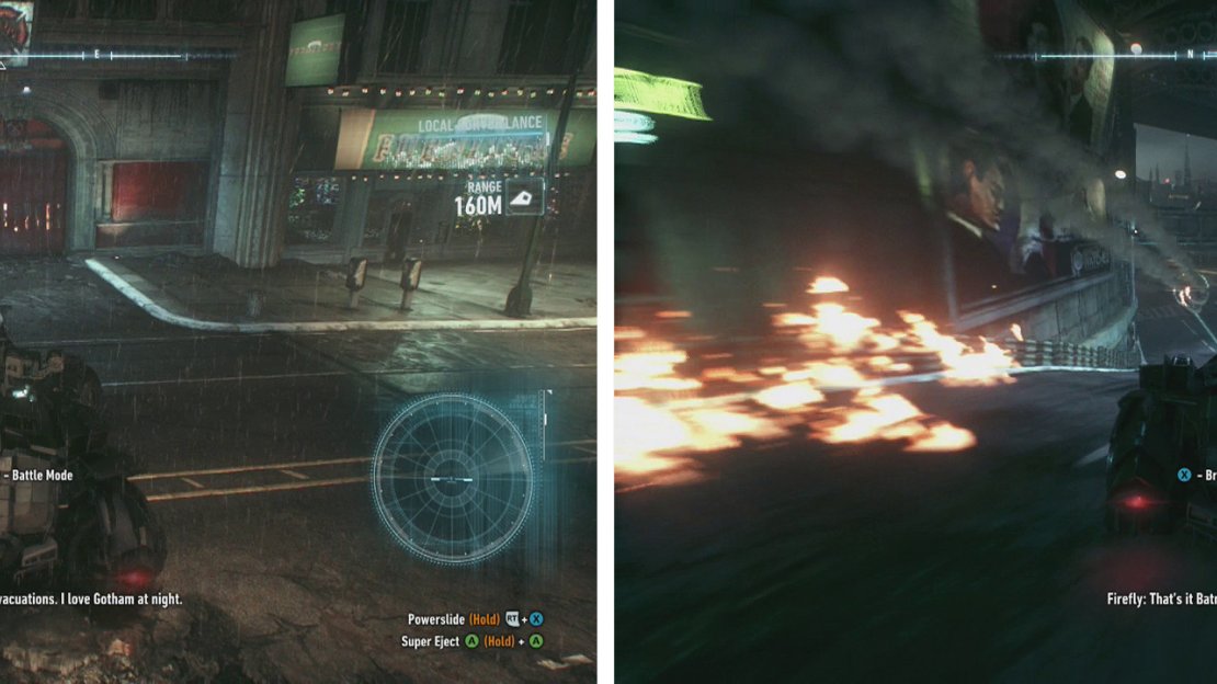 At each location you’ll need to use the Power Winch (left) and then chase the target in the Batmobile whilst avoiding the fire (right).