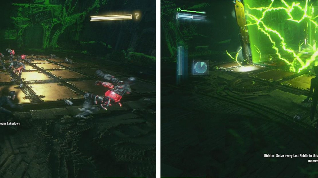 You’ll need to defeat all of the Riddler Robots to proceed (left). If you haven;t find all the Riddler Trophies yet, the Riddler will escape (right).