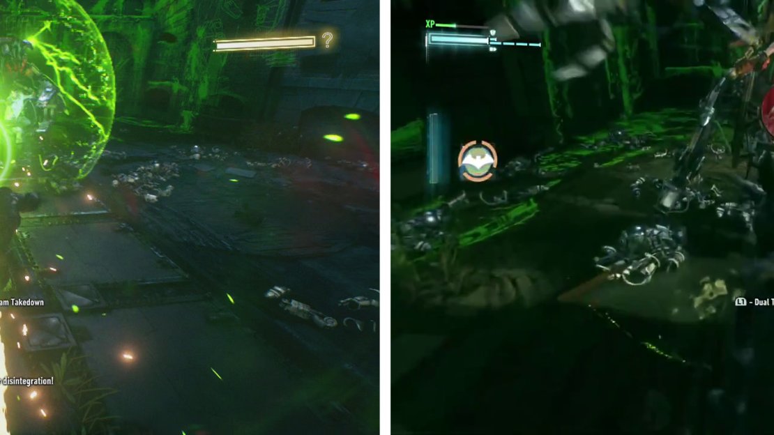You’ll want to dodge the death lasers (left). Approach and attack the boss when the shield goes down (right).