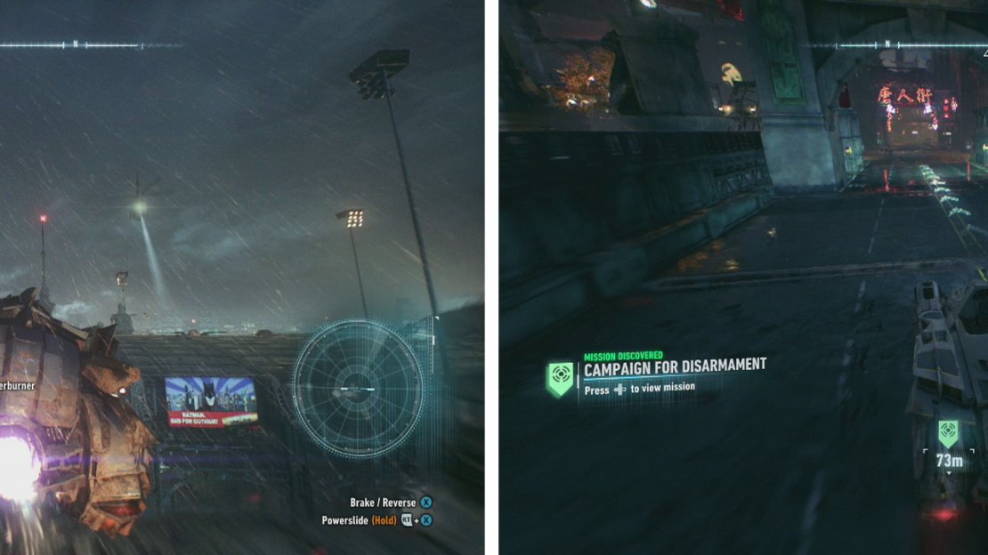 The Batmobile has an Afterburner boost (left). The GPS markers can help you get around the city quicker (right).