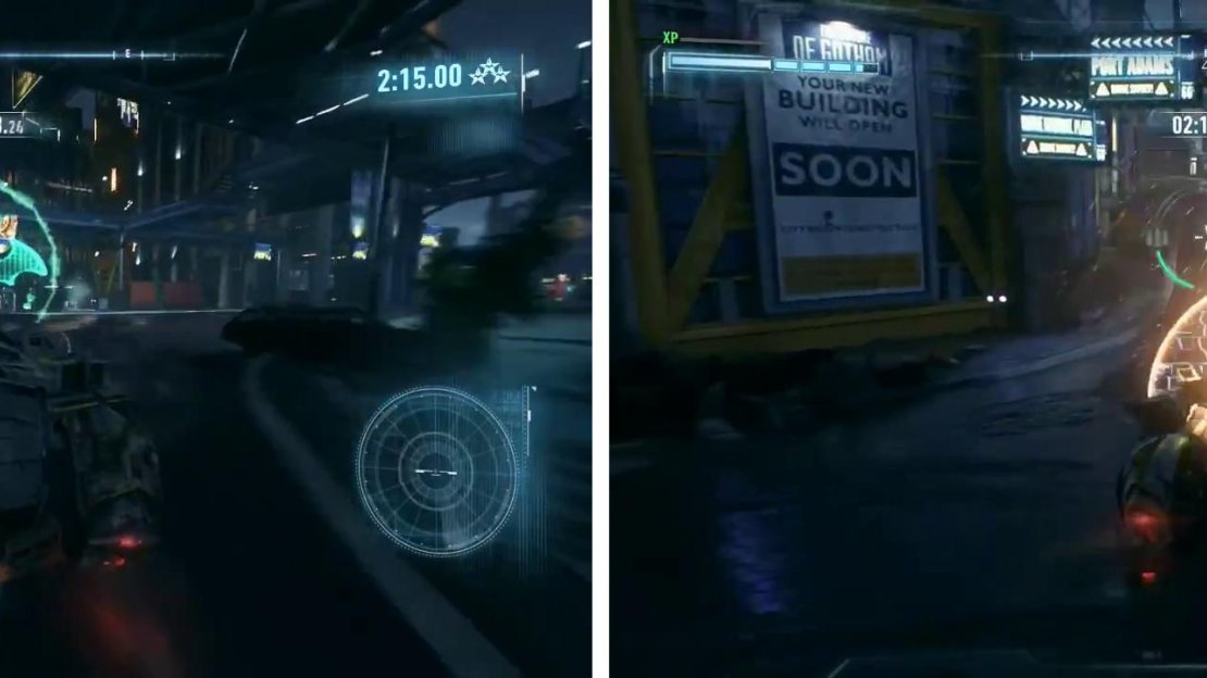 Drive through the green rings to complete the racing segments (left). Use your special abilities in the final Drone Tank battle to save time (right).