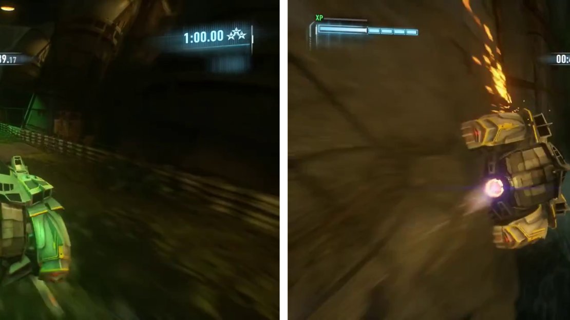 Avoid the green spike traps and other obstacles (left). At the end avoid the glowing tiles as you race along the wall (right).
