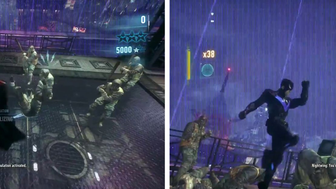 This fight is a dual-combat scenario with Batman and Nightwing (left). Be sure to make solid use of dual takedowns (right).
