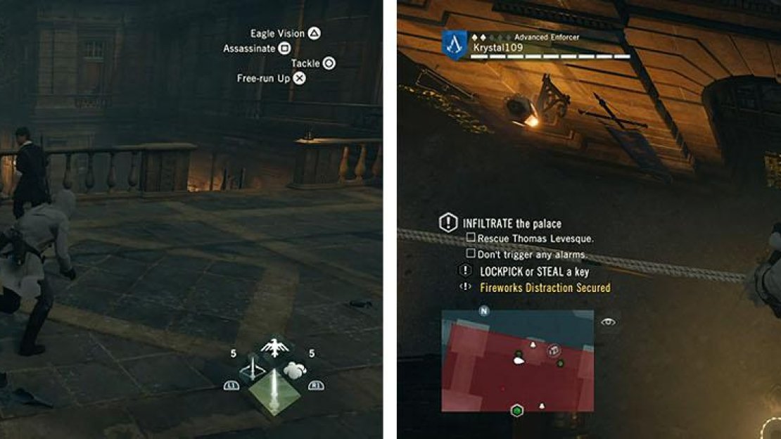 Climb up to the landing and kill the snipers (left). Once in position on the rope wait for both guards to walk over and be highlight to double air assassinate them (left).