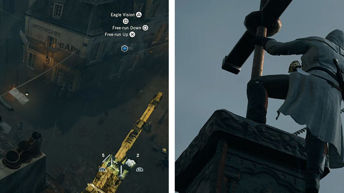 When the balloon crosses the open plaza turn left and use the rope above (left). When Elise get’s stuck on the chapel roof climb up and free her (right).