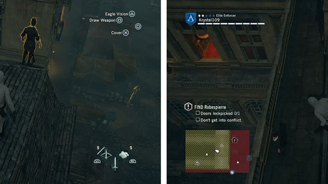 Skirt around the area to kill a sniper (left) and then enter the area and kill the snipers inside (right).