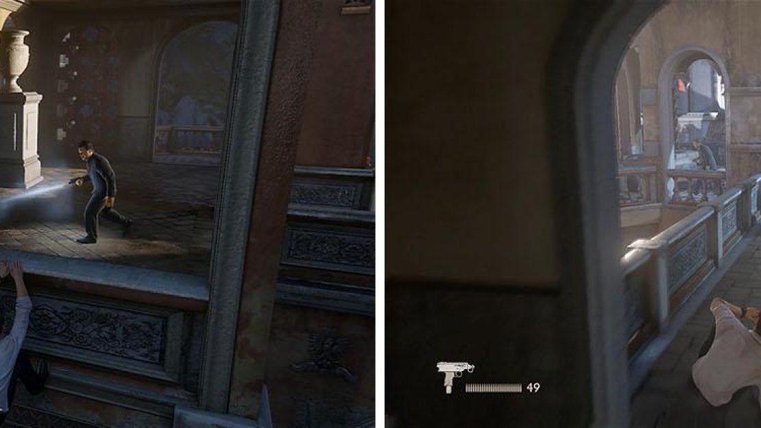 Hang from the window and wait for the best chance to hop indoors for some stealth kills (left). The final guard in this area is easy to get behind (right).
