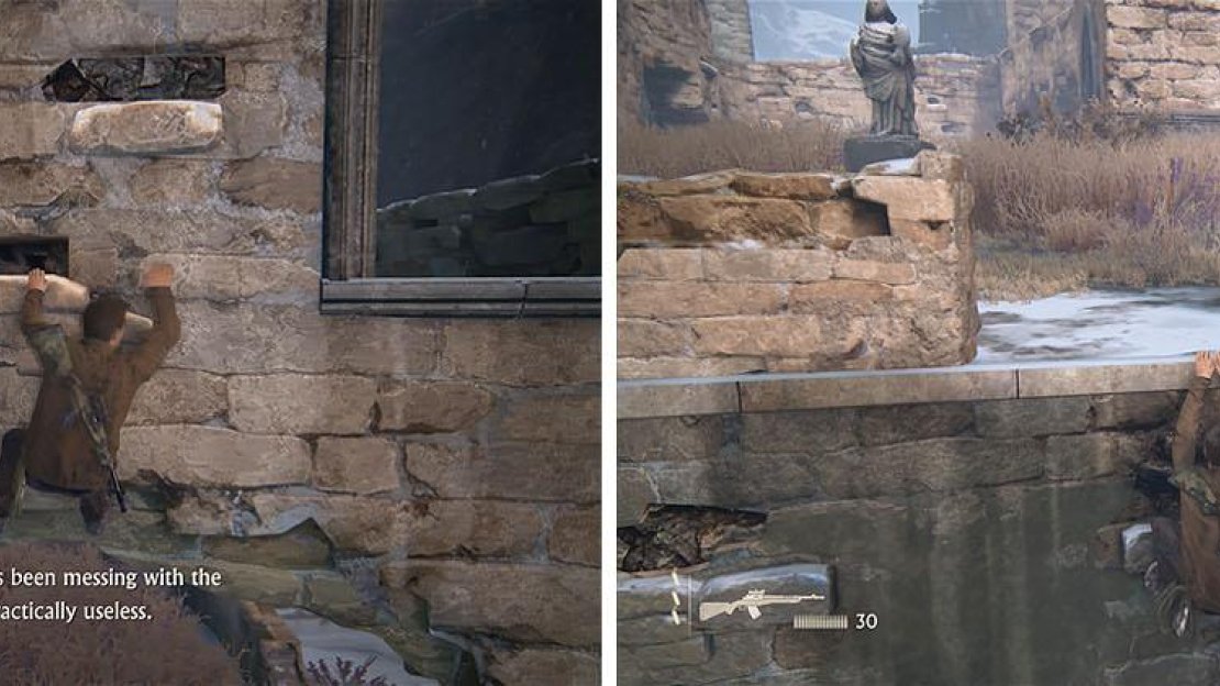 Shimmy along the outside to the large cross and drop (left). Then head straight for the wall ahead (right).