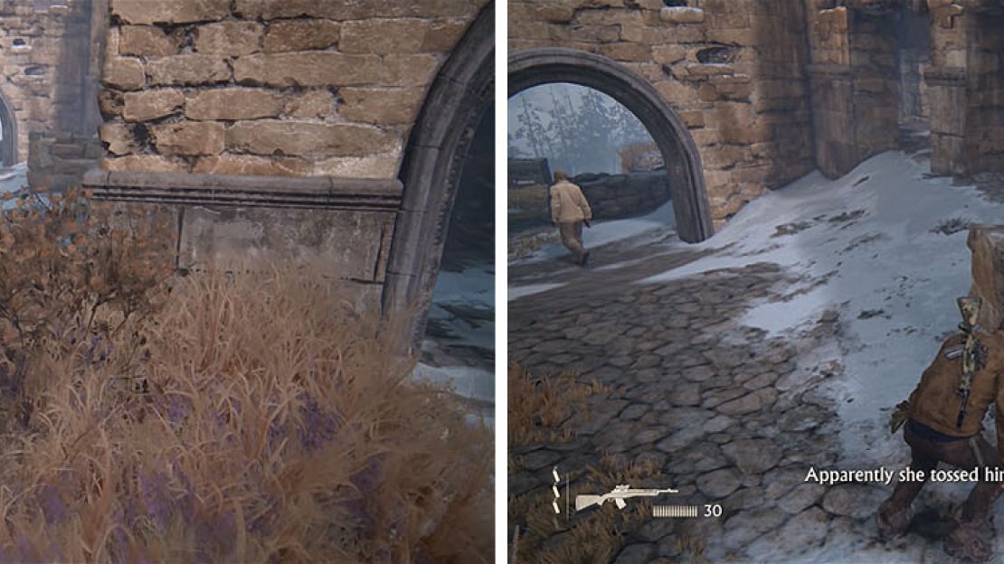 Pass through the tall grass and jump to the wall when the two enemies turn away.