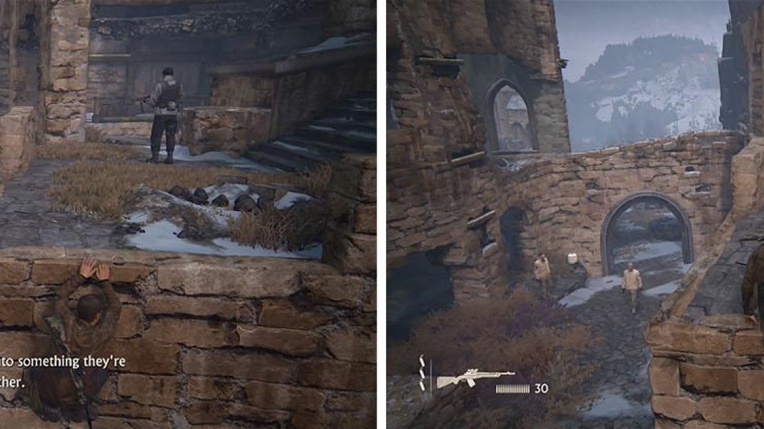 Shimmy around the building and wait for the conversation to end (left). As soon as it does, pull up so that you aren’t detected from below (right).