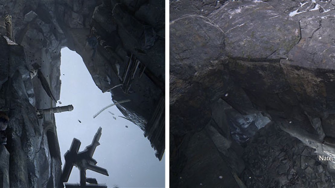 Sam will create a path when he crosses the bridge (left). After Sam helps you up, make sure to explore his route for a treasure (right).