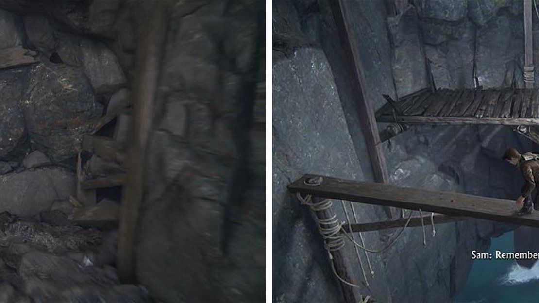 Find the tunnel at the back of the encounter area (left) and make your way to the wooden beams that leads to a set of stairs (right).
