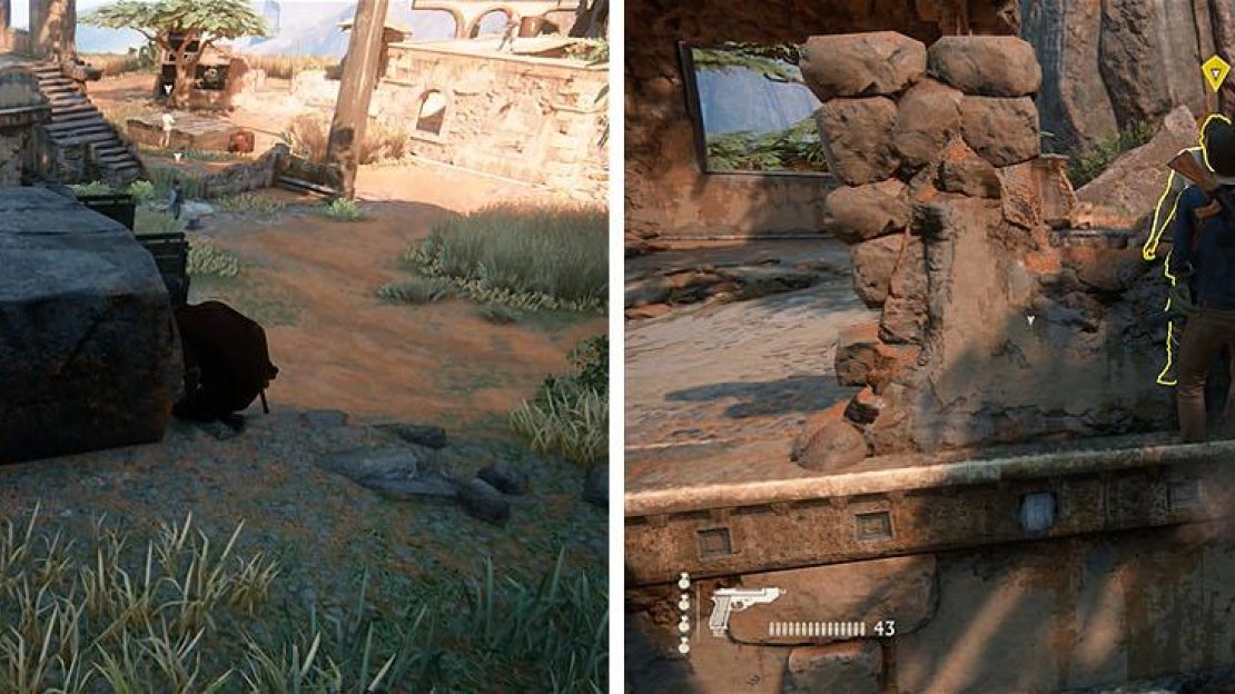 From the rock on the left head to the building and pull down the first enemy.