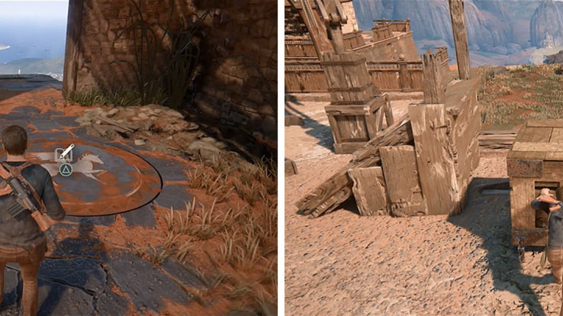 Examine the sigil and then move the crate to reach the drawbridge crank.