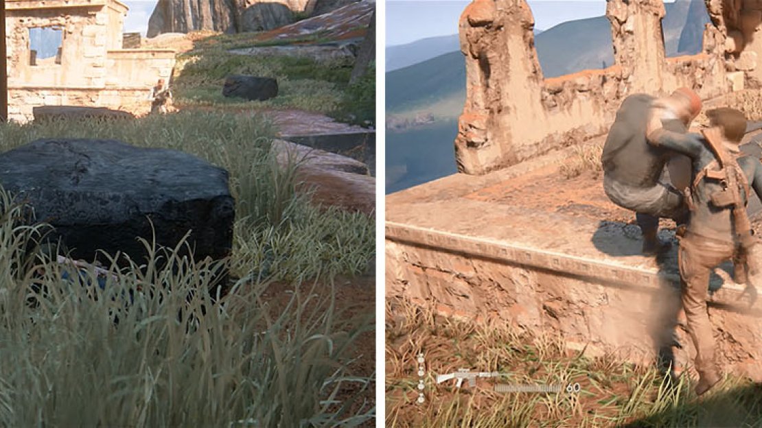 Use the tall grass for cover as the enemies walk by (left). Once they’ve past you, follow them to deal with them easily (right).