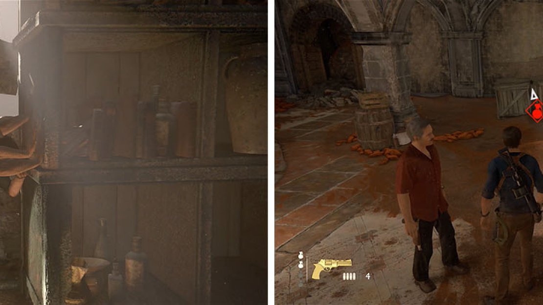 Move the bookcase to reveal a hidden path (left) and then destroy the crates to find a treasure near the spiral staircase (right).