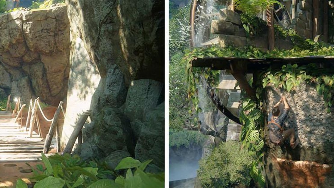 When the bridge collapses swing to the wall and climb up to the elevator platform.