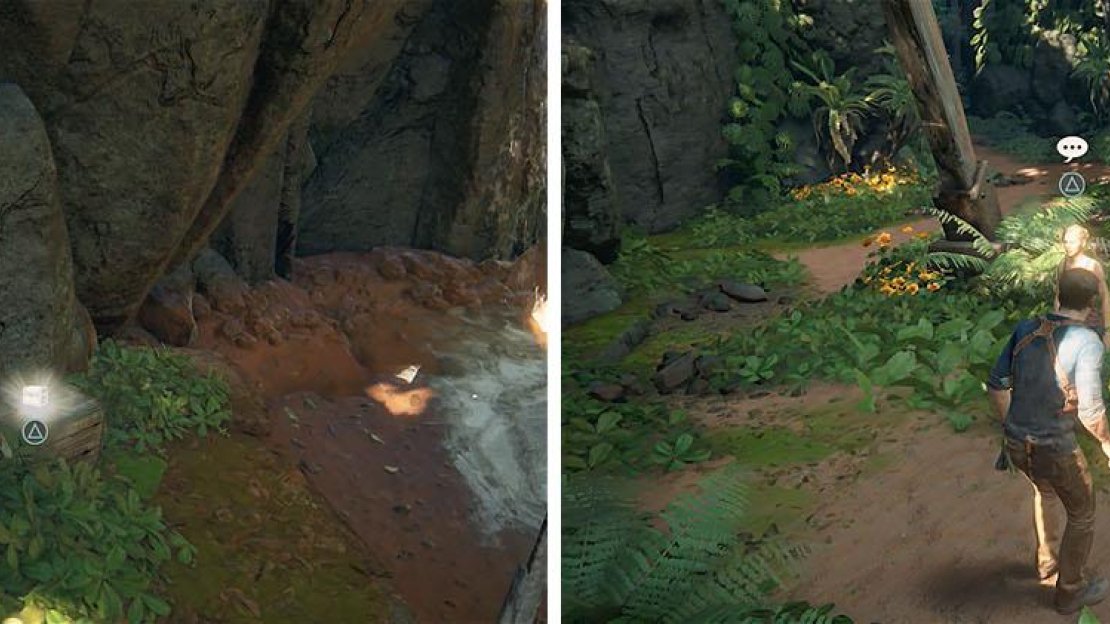 Drop down to the other side of the bridge for a treasure (left) and don’t miss the optional conversations with Elena near the elevator (right).