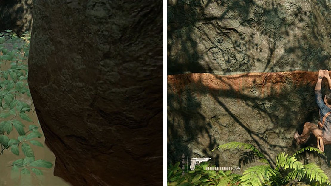 Slide down the water and then hang from the rock to wait for the enemies to move.