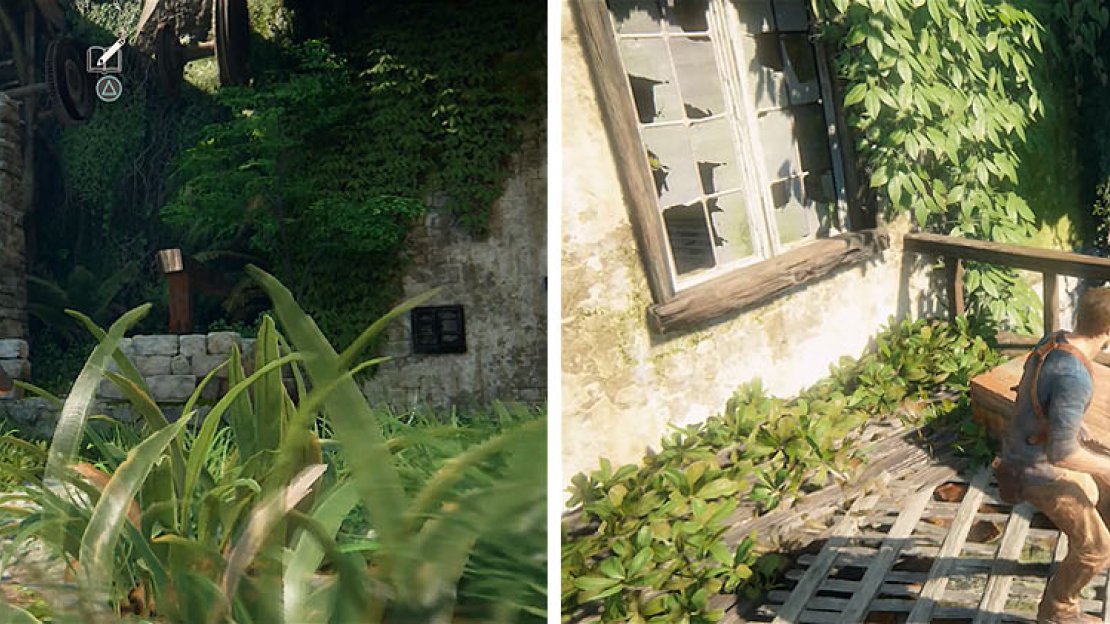 Look up at the water wheel for a journal entry (left) before using the winch. In the building, make sure to grab the treasure (right).