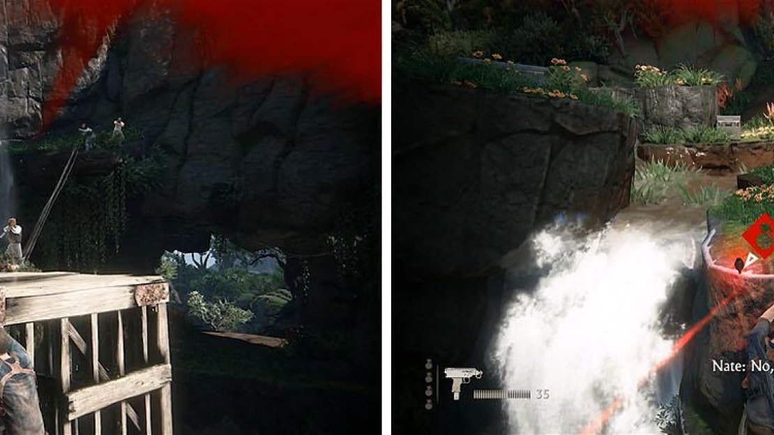Eliminate the initial enemies by hanging from the side of the elevator (left). Once it’s jammed you’ll need to move to the ledge by the waterfall (right).