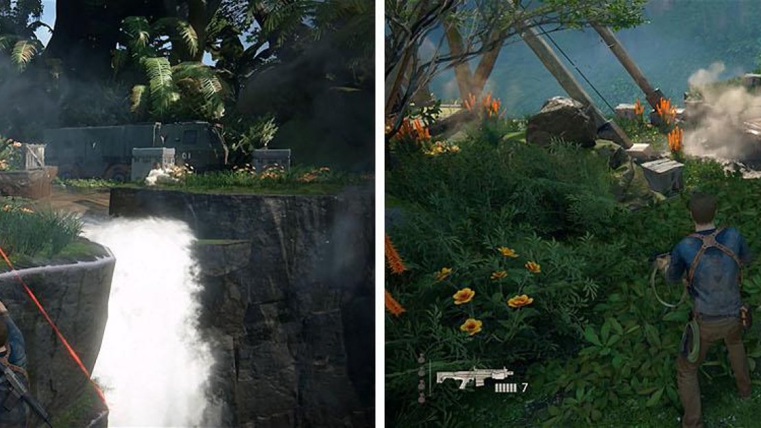Focus on the sniper first before defeating the rest of the enemies (left). Watch as Elena plows through the remaining two enemies (right).