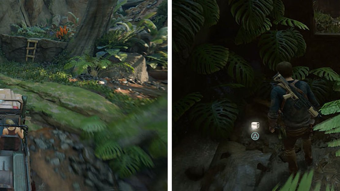Drive upriver until you spot a ladder to find a hut with a note and treasure.