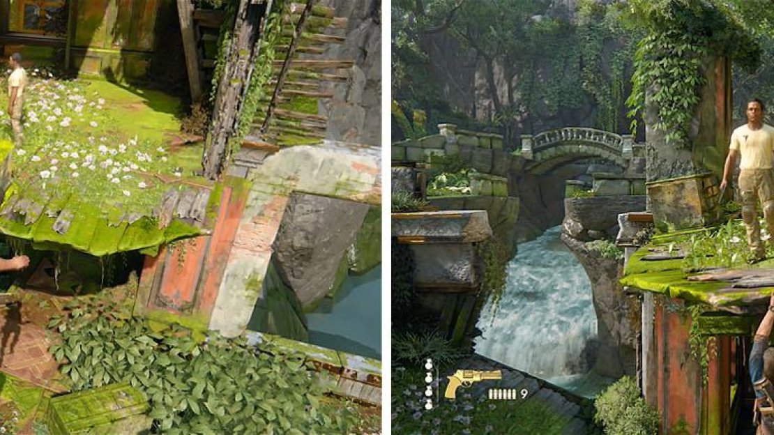Jump toward the platform with the enemy (left) and hang from the ledge to avoid detection (right).