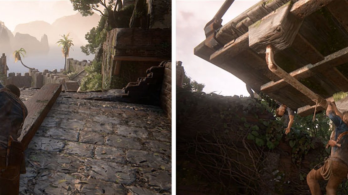 You need to push the beam to get to the adjacent platform (left) and then rappel up the rope after getting the group across (right).