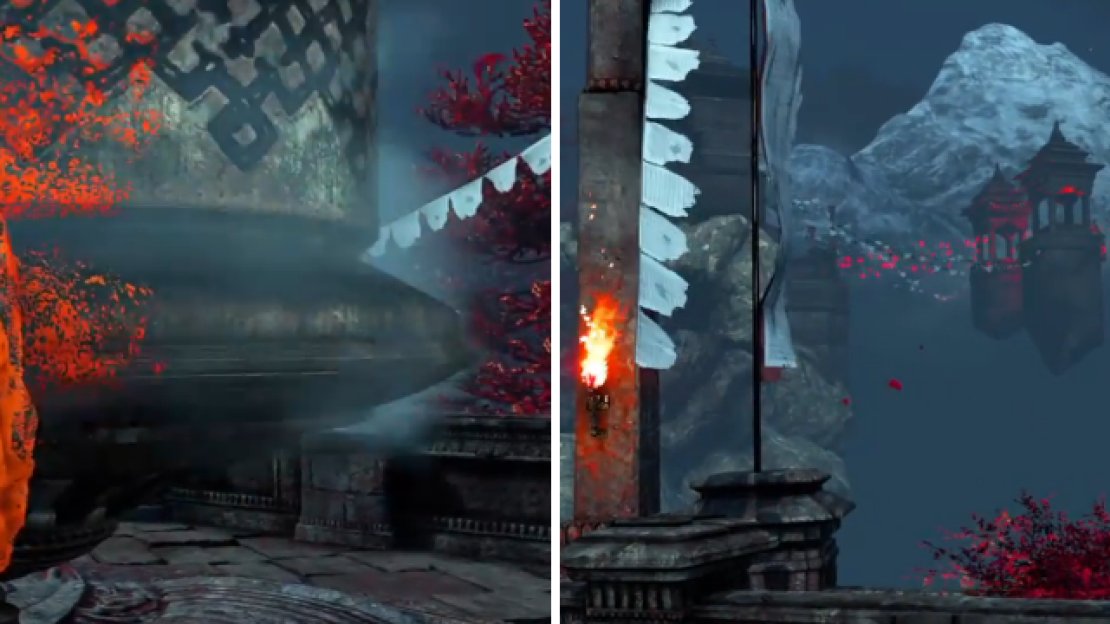 Spinning the Mani Wheels will make a bridge appear, allowing you to get closer to the Bell of Enlightenment.