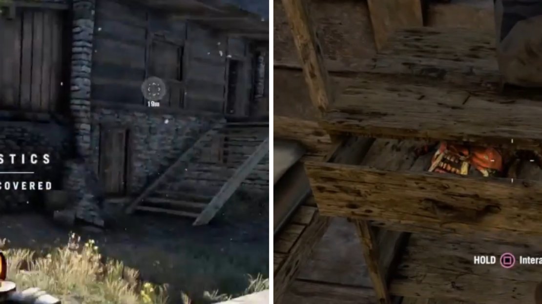 The one mask (from the set below) in the log building is located inside of the drawer of the dresser in between the two beds, which can be hard to see since only a part of the mask is showing.