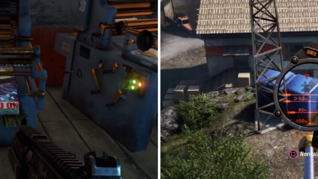 Most of the tools you need to destroy are inside the buildings (left), but a few things are outside of them and don’t appear on the map (right).