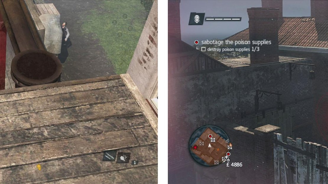 Wait until there are three guards at the central vat and hit it with a shrapnel grenade for the optional objective (left). Then hunt down the remaining vats (right).