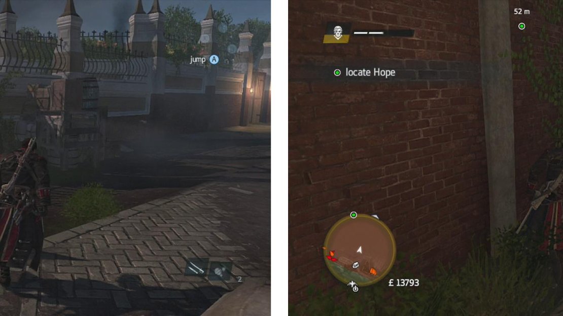 To the right of the main gate and use the boxes and tree here to enter the restricterd area (left). Follow the passage along the wall here to find a safe place to climb to the roof (right).