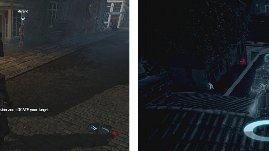 The target can be found along the main street (left). Two assassins are on the rooftops directly behind him (right).