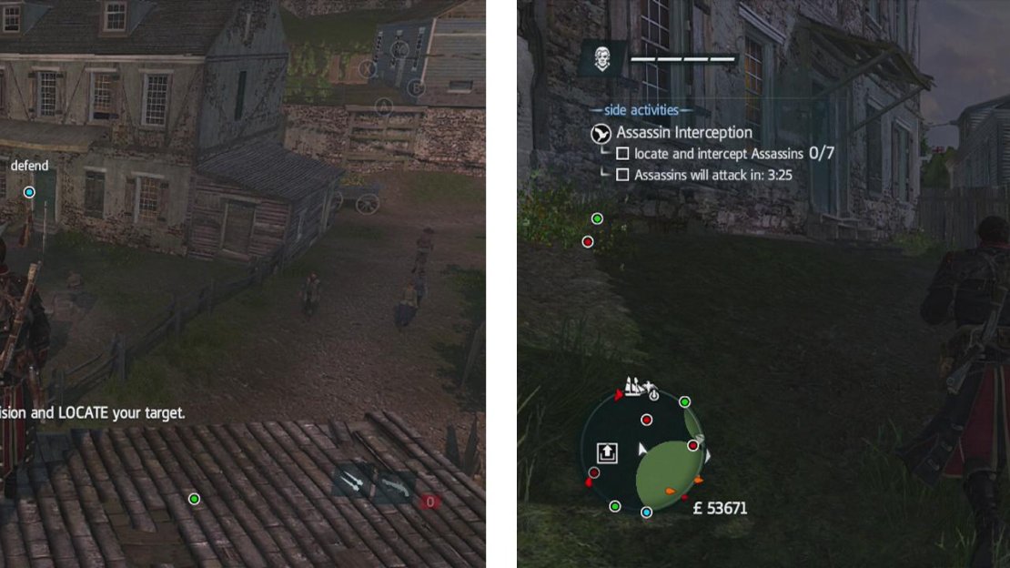 You can find the target in a fenced yard area (left), several of the assassins are hanging out around the viewpoint (right).