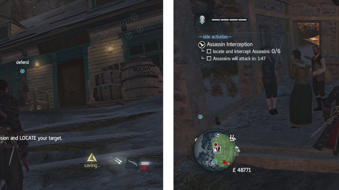 The target is located outside the tavern (left). The first two assassins are located in and around the renovation icon (right).