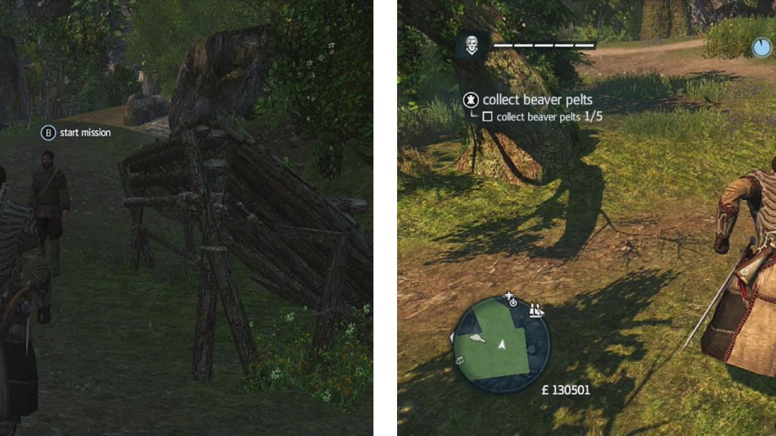 Approach the hunter to start the challenge (left). Beavers are slow, so run them down and shank them (right).