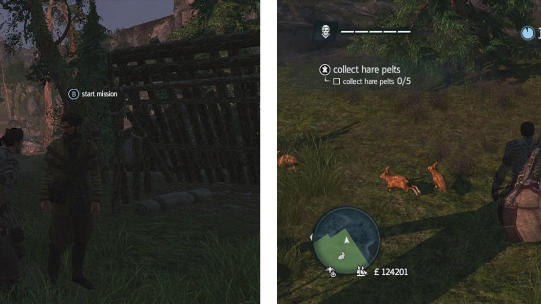 Approach the hunter to start the challenge (left). Chase after and use your hidden blades to kill the hares (right).