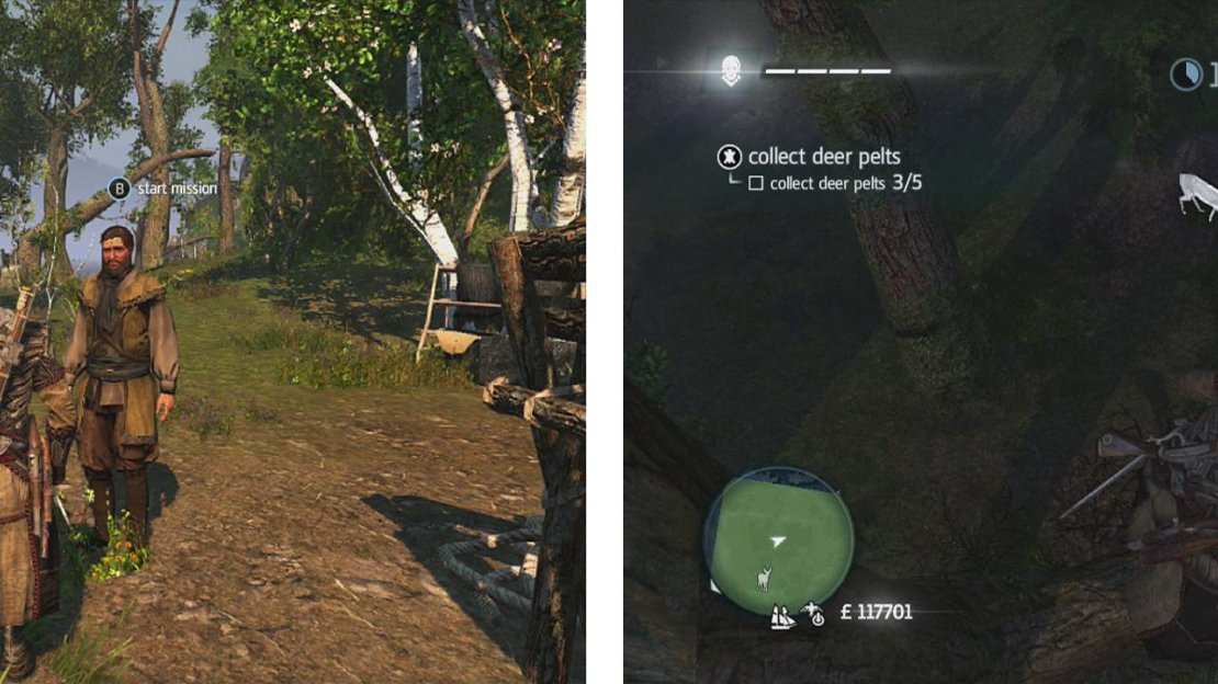 Approach the hunter to start the challenge (left). Use air assassinations or tranquilisers to take the deer (right) down and skin them.