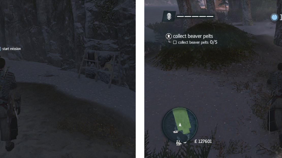 Approach the hunter to start the challenge (left). Beavers are slow, so run them down and shank them (right).