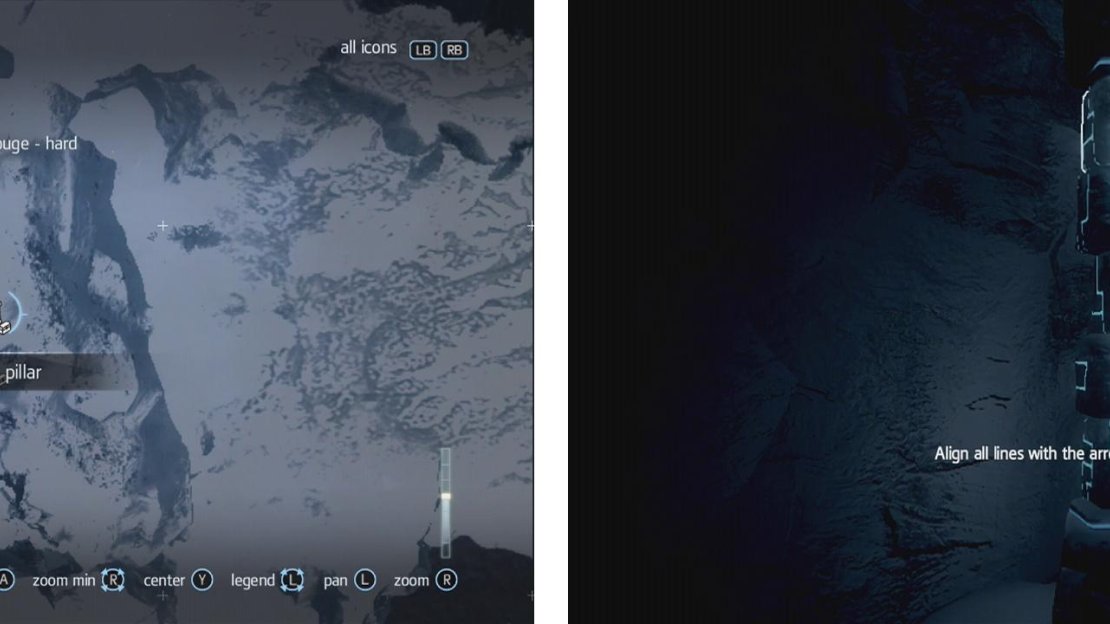 Pillars appear as a totem icon on the map (left). Interact with them and rotate the segments so that there is a direct line between the arrows at the top and bottom to solve them (right).