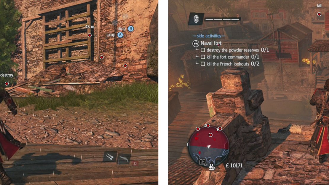 Use the scaffolding to the right of the gate to enter the fort (left). Once inside, take care of the lookouts first (right) before taking on the other objectives.