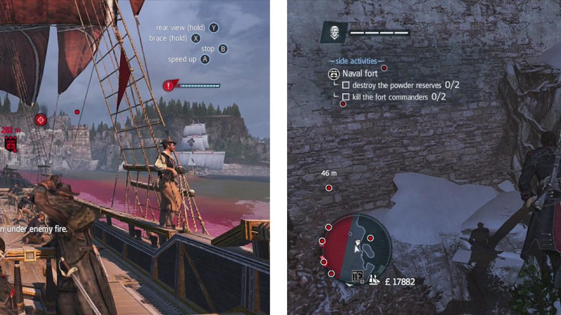 Instead of taking the fort head-on (left), draw the defending ships away. Once docked, use the tree-based pathway to the right of the gate (right) to enter the area sneakily.