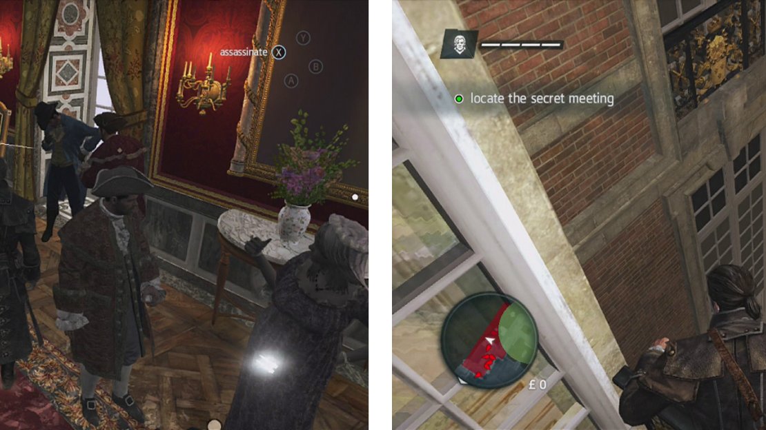 Use the crowds to avoid the guards as you work through the building (left). Air assassinate the guard below (right).