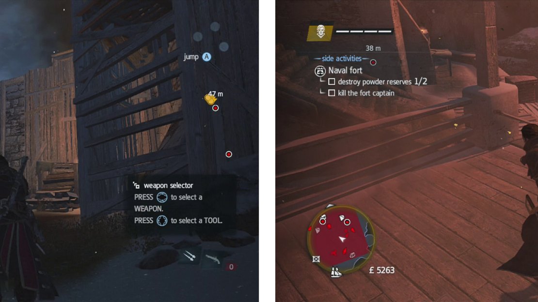 Use the scaffolding next to the gate to enter the fort stealthily (left). From the sniper tower, you should be able to spot the second powder barrel (right).