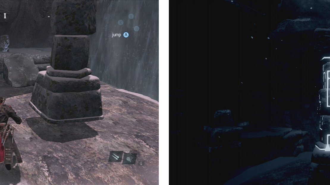 Interact with the pillar (left). Arrange the segments as such (right) to solve the puzzle.