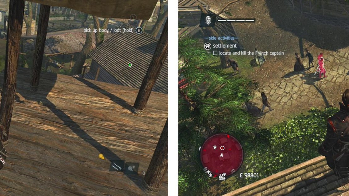 After clearing the second sniper tower, the poison barrel is in the warehouse below (left). Find the captain using eagle vision (right).