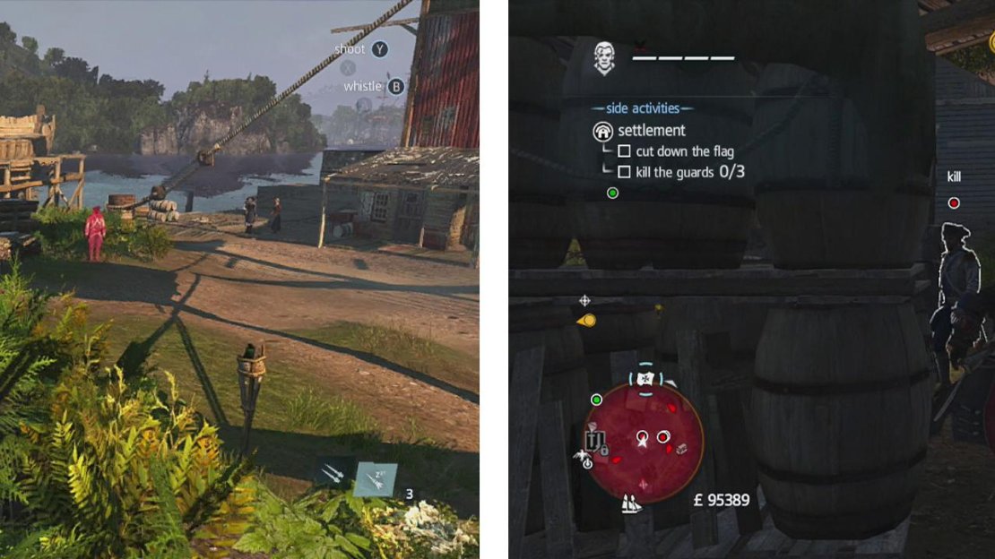Find the captain near the docks (left). Wait for the three marked guards to split up and take them down separately (right).