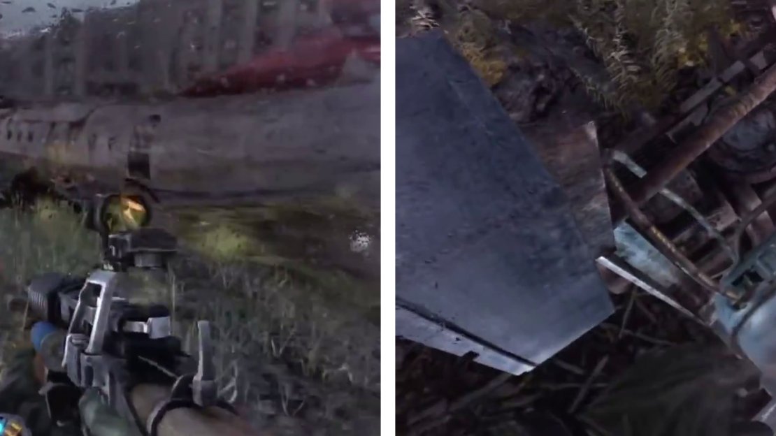 Make your way over to the crashed plane (left) and interact with the fuel canisters inside (right).